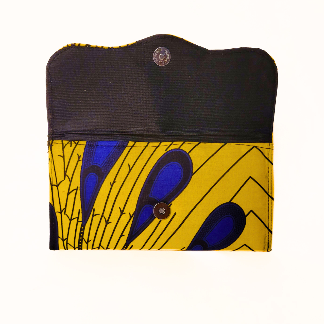 Slim African Fabric Wrapped Clutch Purses - Yellow & Blue Ankara Print