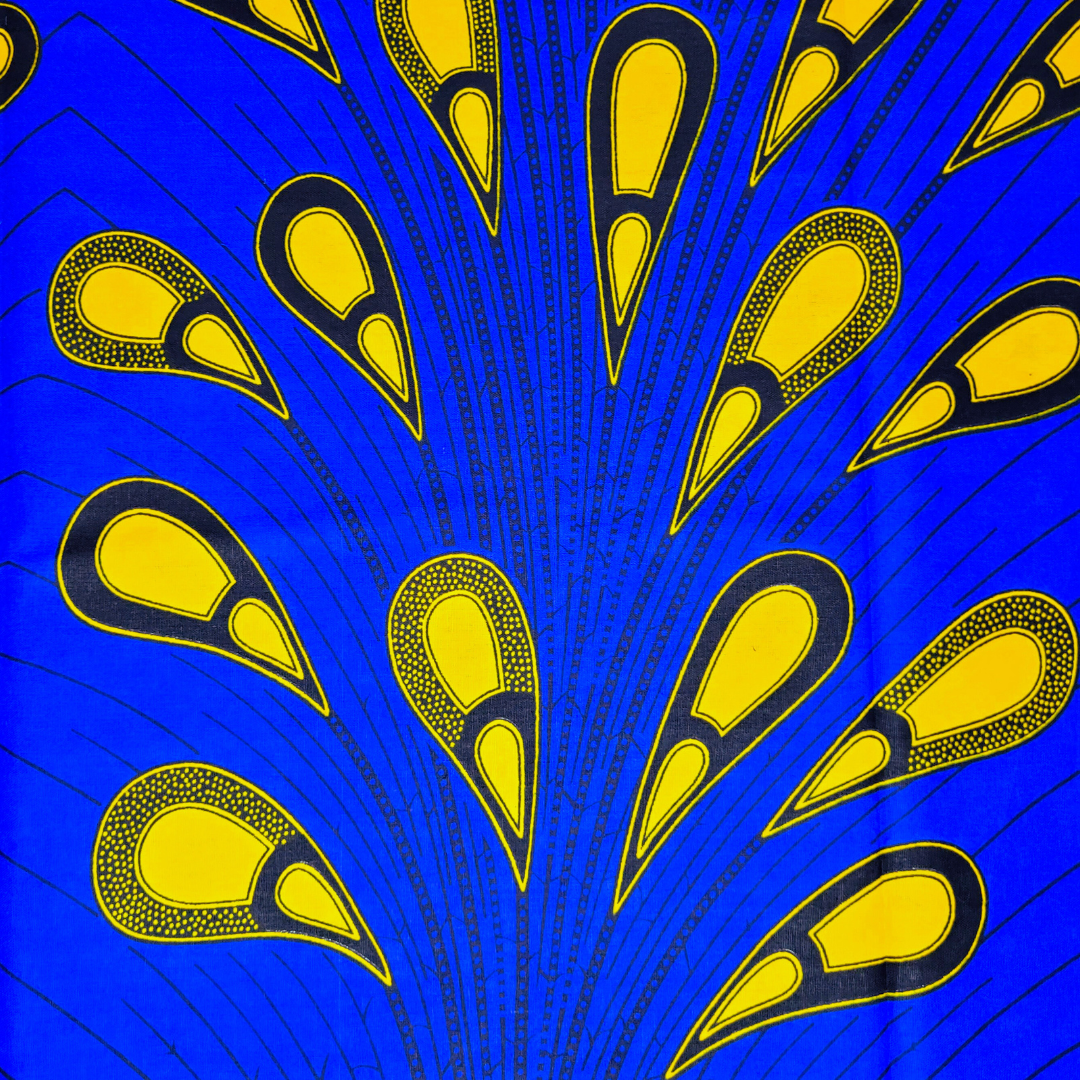African Fabrics By the Yard- Ankara and Kitenge - Blue and Yellow Peacock Feathers