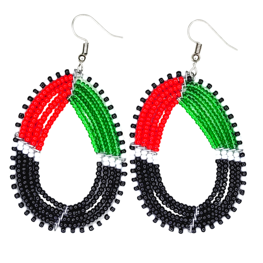 African Kenyan Maasai Beaded Tear Drops Earrings: Color Blocking in Red, Black, and Green