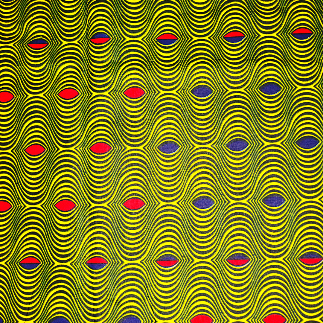 African Fabrics By the Yard- Ankara Kitenge - Yellow and Black with Red and Blue