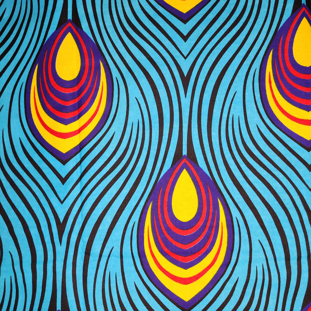 African Fabrics By the Yard- Ankara Kitenge - Peacock Feathers - Aqua Blue, Yellow, and Hot Pink
