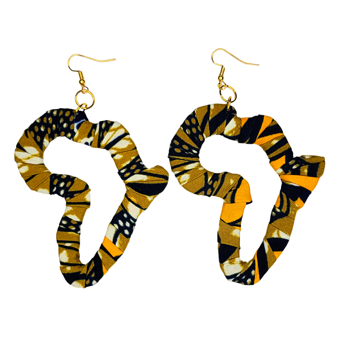African Ankara/ Kitenge/ Kente/ Dutch Wax Fabric Wrapped Africa Map Earrings - Yellow or Orange