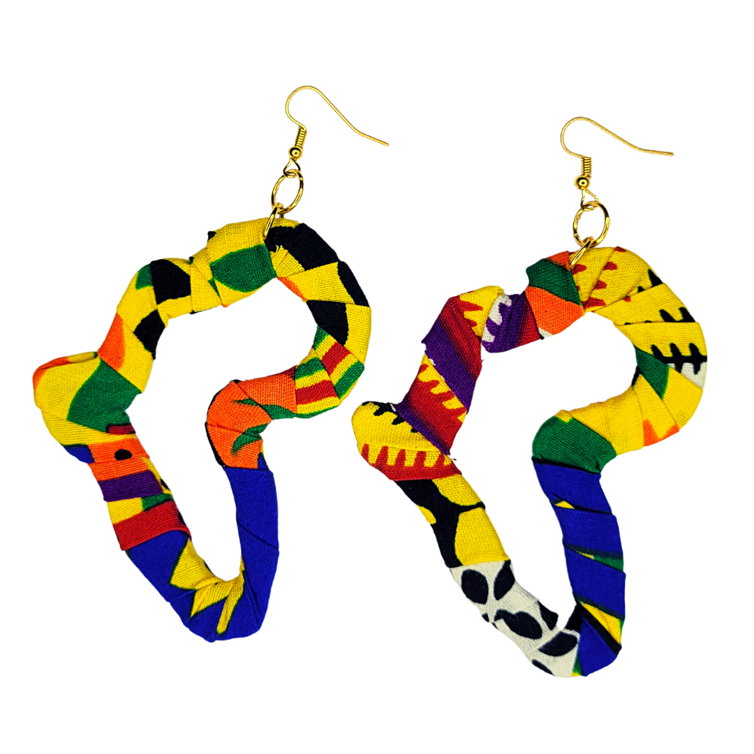 African Ankara/ Kitenge/ Kente/ Dutch Wax Fabric Wrapped Africa Map Earrings - Greens