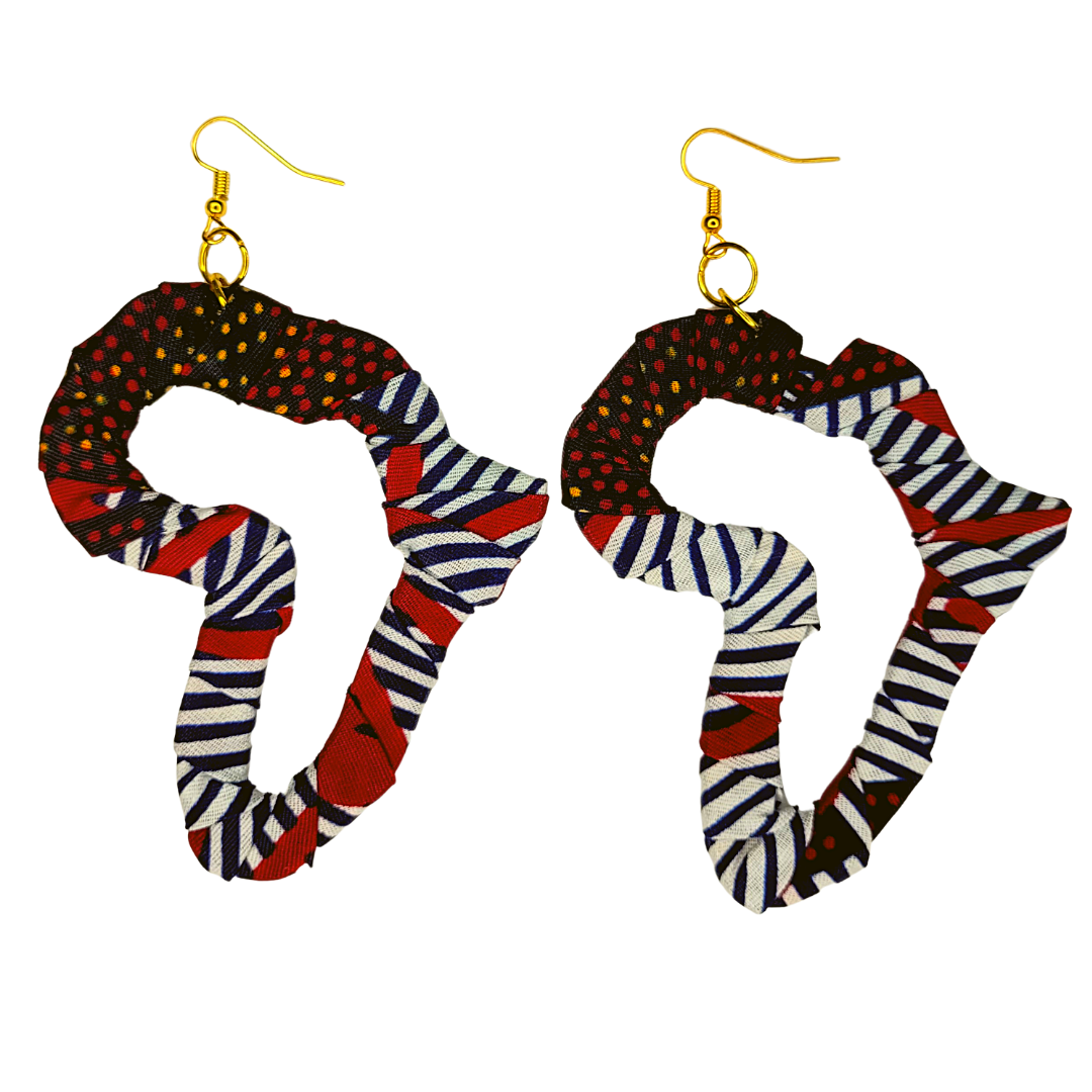 African Ankara/ Kitenge/ Kente/ Dutch Wax Fabric Wrapped Africa Map Earrings - Greens