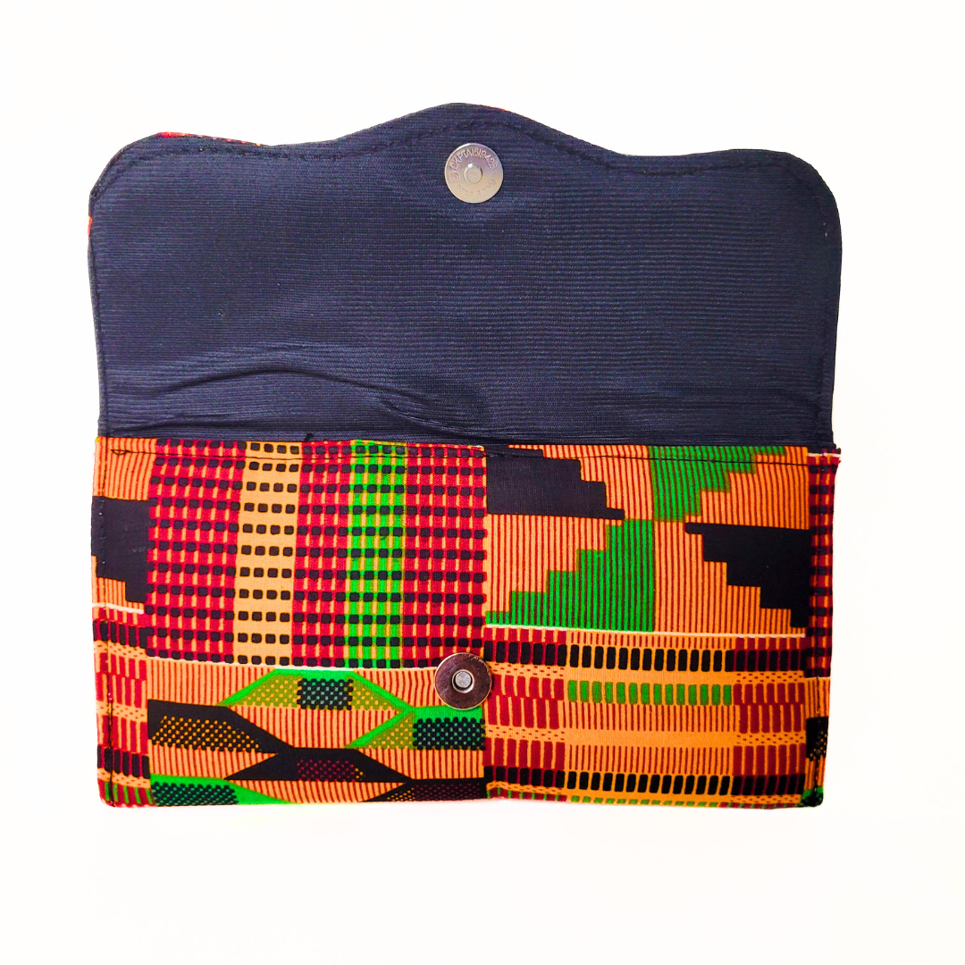 Slim African Fabric Wrapped Clutch Purse - Kente: Classic Orange