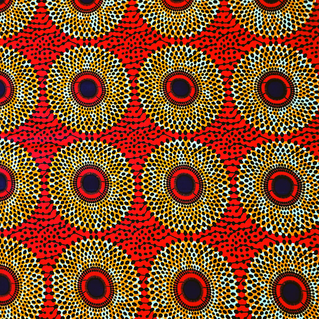 African Fabrics By the Yard - Ankara Kitenge: Circles: Orange, Black, and Red Background