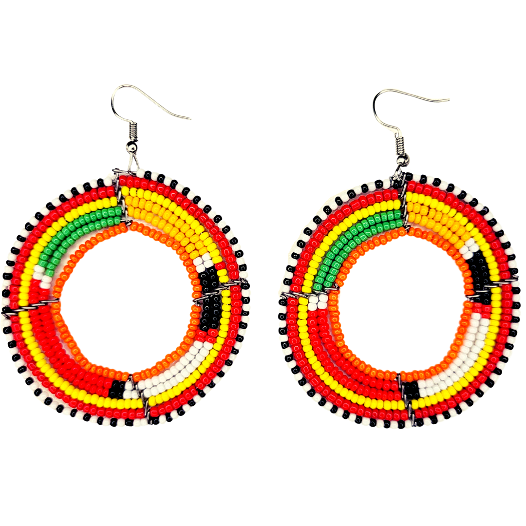 African Kenyan Maasai Beaded Circle Hoop Earrings: Multiple Colors and Traditional Patterns in Yellow, Orange, Black, Green, Silver, White, Marigold, Blue, Navy and Red