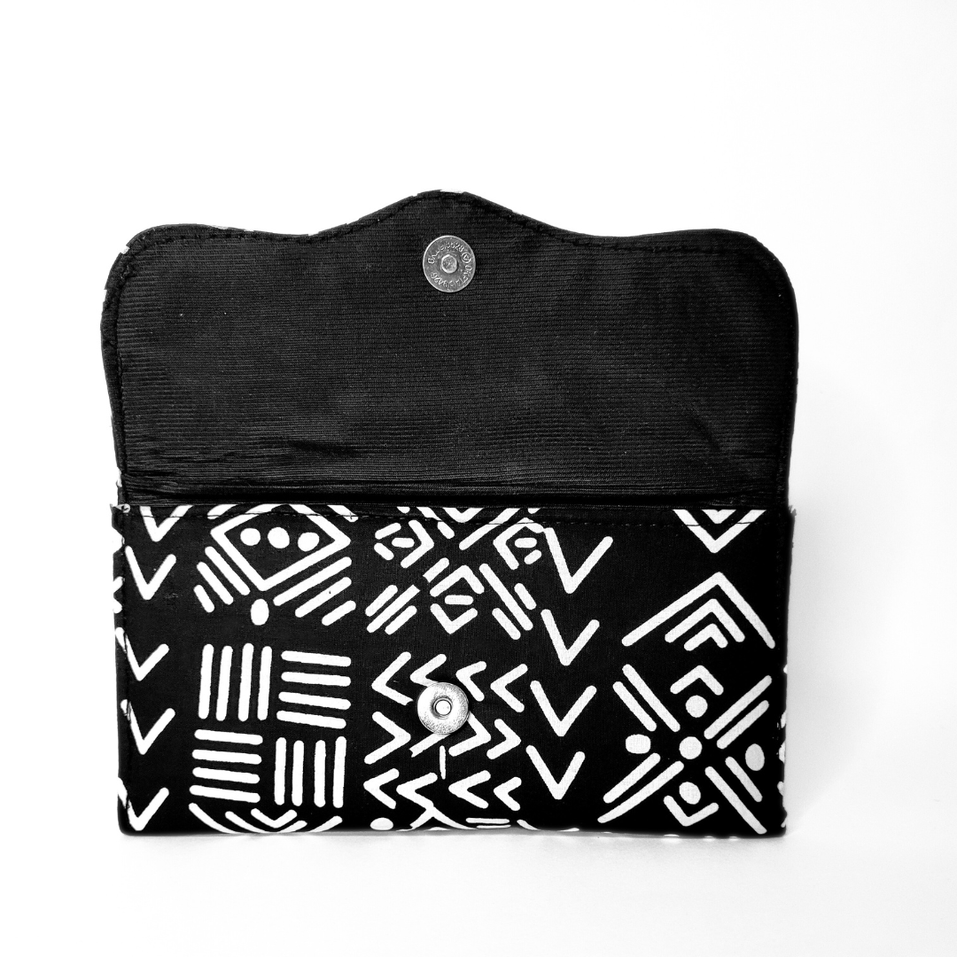 Slim African Fabric Wrapped Clutch Purses - Black & White Mudcloth Print