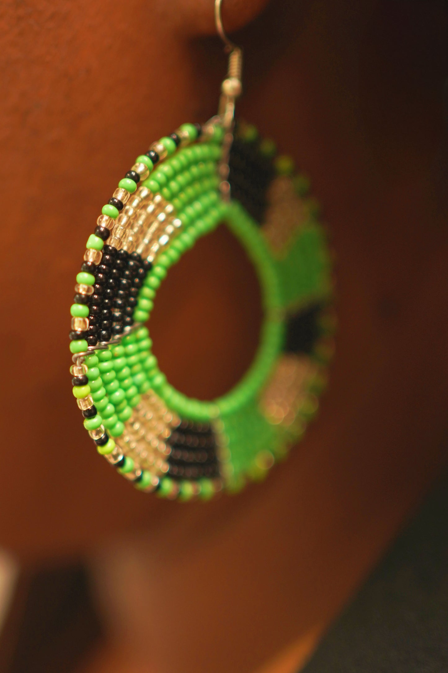 African Kenyan Maasai Beaded Circle Hoop Earrings: Multiple Colors and Traditional Patterns in Yellow, Orange, Black, Green, Silver, White, Marigold, Blue, Navy and Red