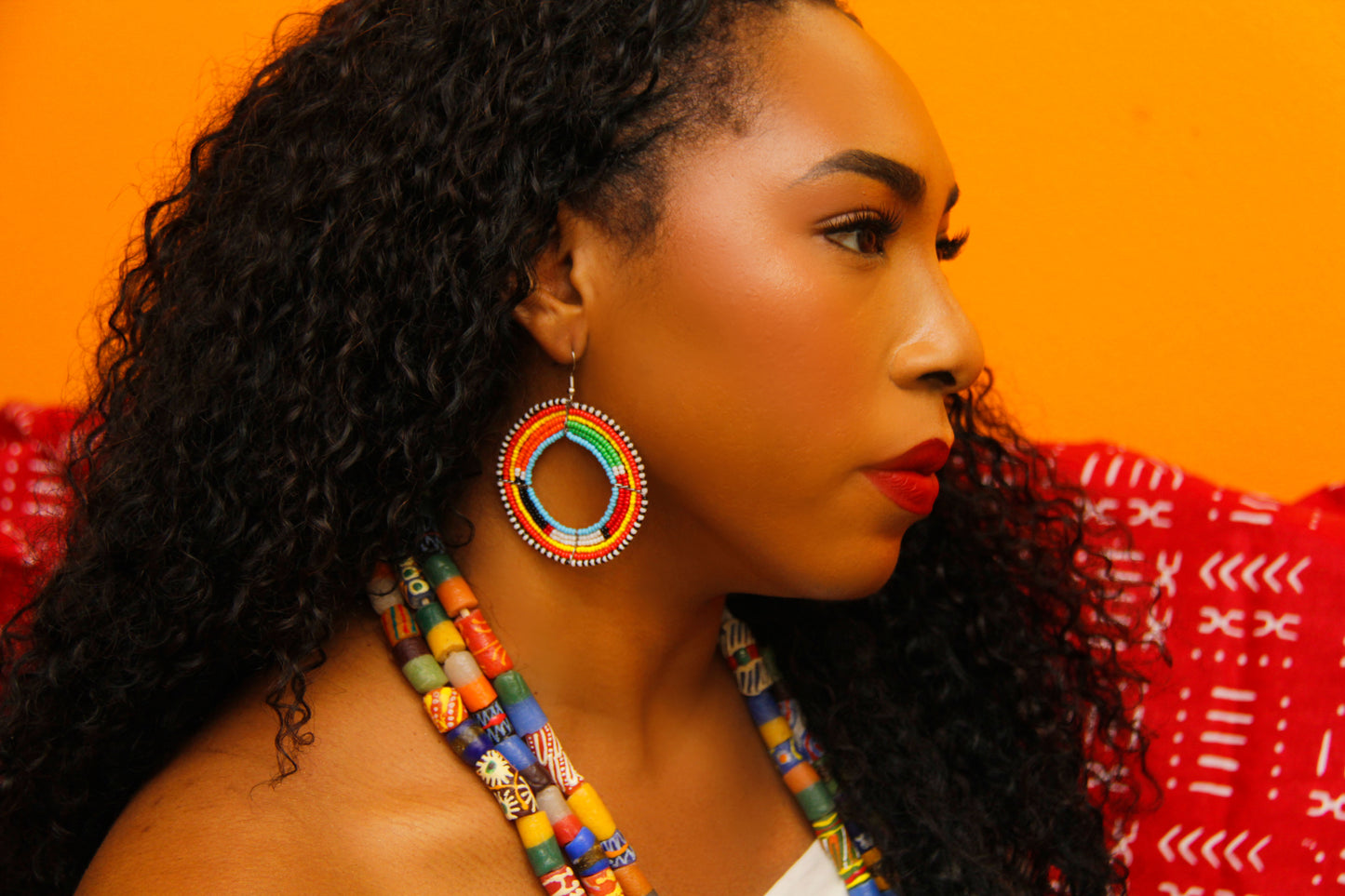 African Kenyan Maasai Beaded Circle Hoop Earrings: Multiple Colors and Traditional Patterns in Yellow, Orange, Black, Green, Silver, White, Marigold, Blue, Navy and Red