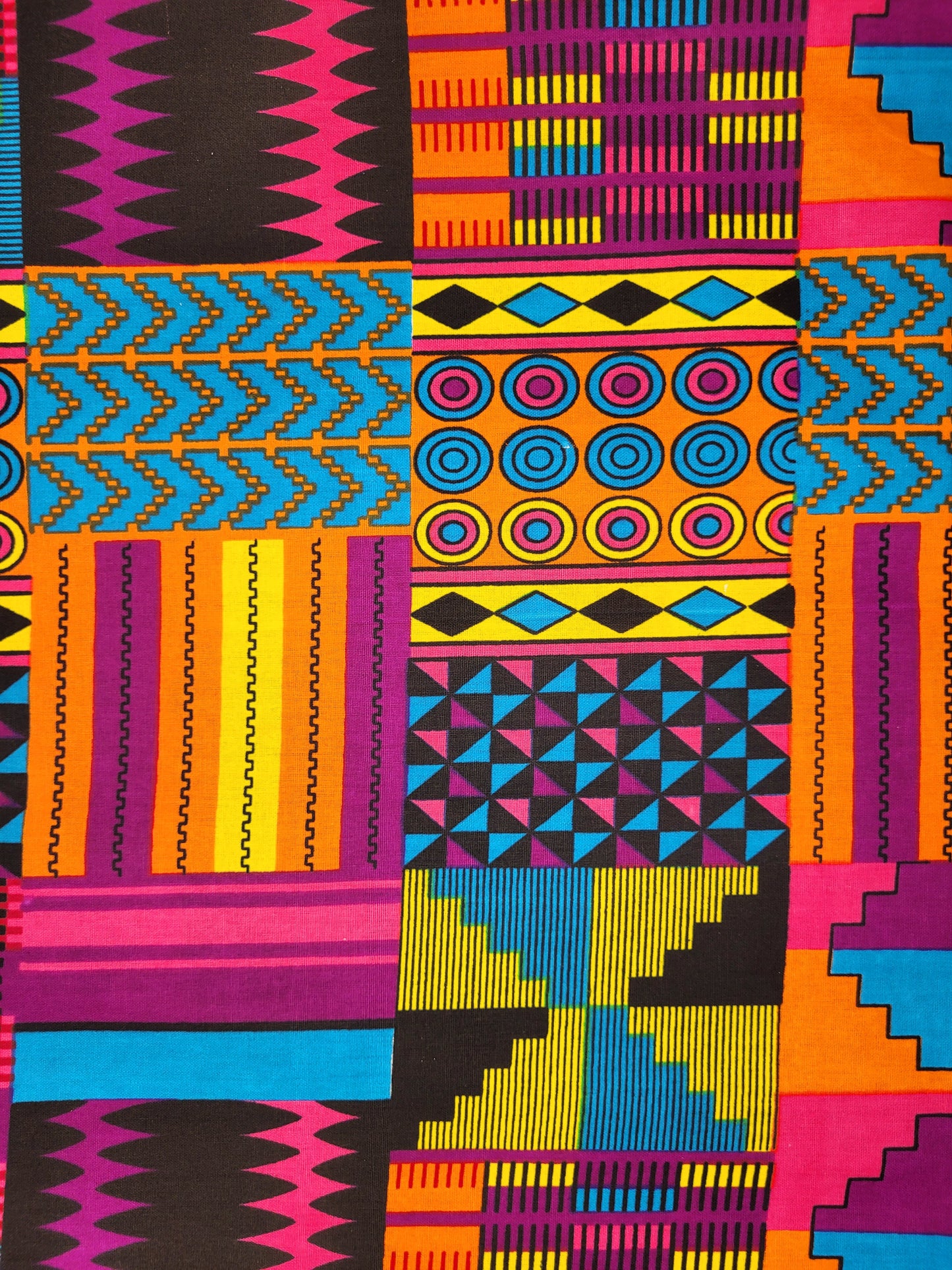 African Fabrics By the Yard - Kente - Classic Pattern. Pink, Black, Electric Blue