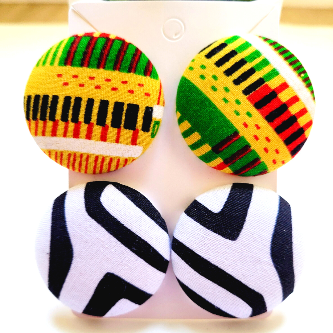 Button Earrings Wrapped in African, Ankara, Mudcloth, Kente, or Other Fabric Prints - 2 Pairs of Button Earrings