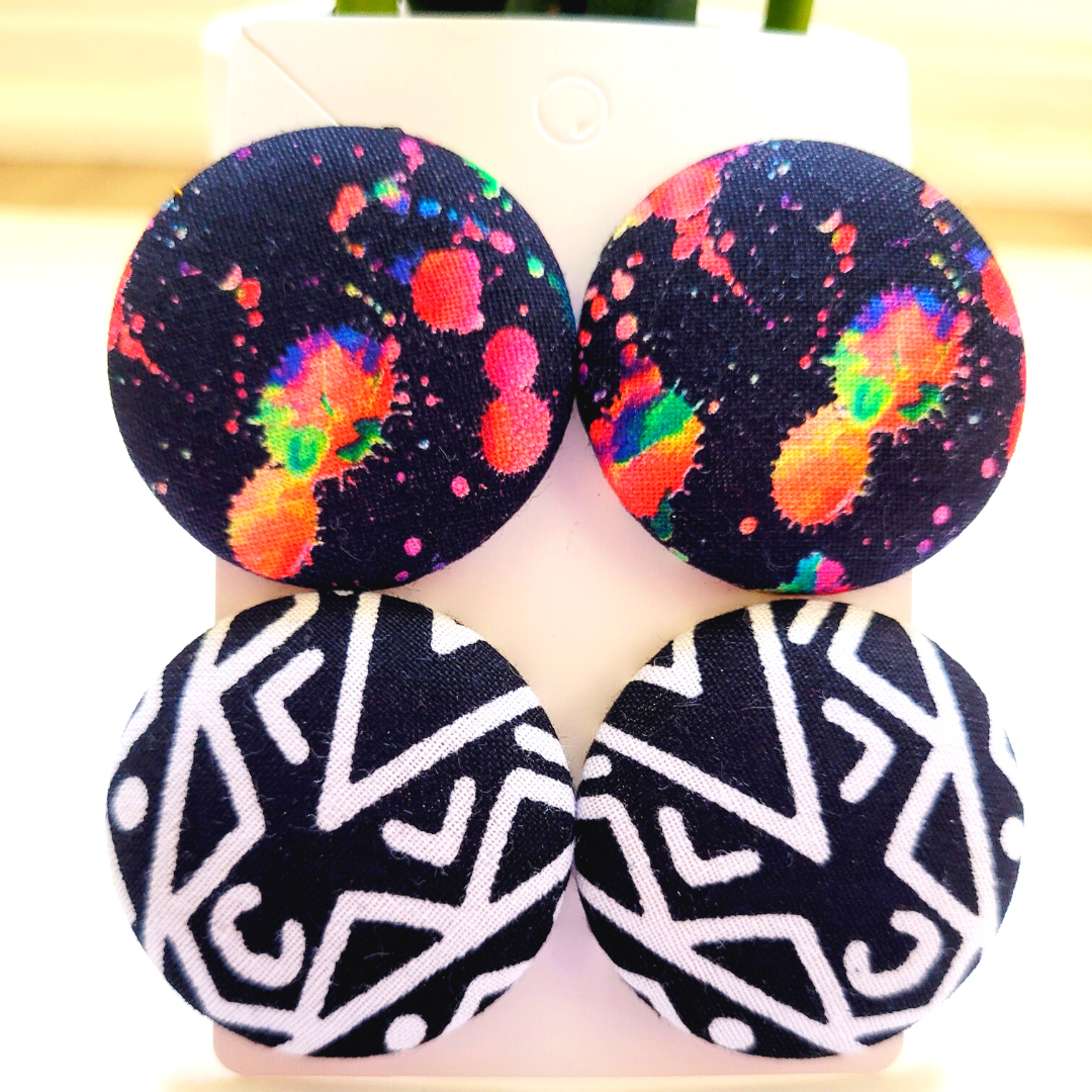 Button Earrings Wrapped in African, Ankara, Mudcloth, Kente, or Other Fabric Prints - 2 Pairs of Button Earrings