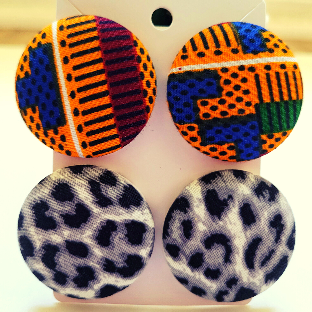 Button Earrings Wrapped in African, Ankara, Mudcloth, Kente, or Other Fabric Prints - 2 Pairs of Button Earrings