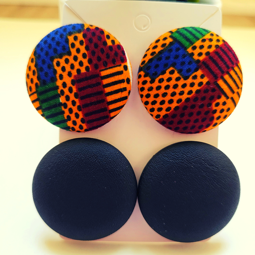 Button Earrings Wrapped in African, Ankara, Mudcloth, Kente, or Other Fabric Prints - 2 Pairs of Button Earrings