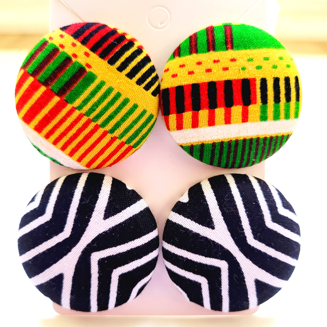 Button Earrings Wrapped in African, Ankara, Mudcloth, Kente, or Other Fabric Prints - 2 Pairs of Button Earrings