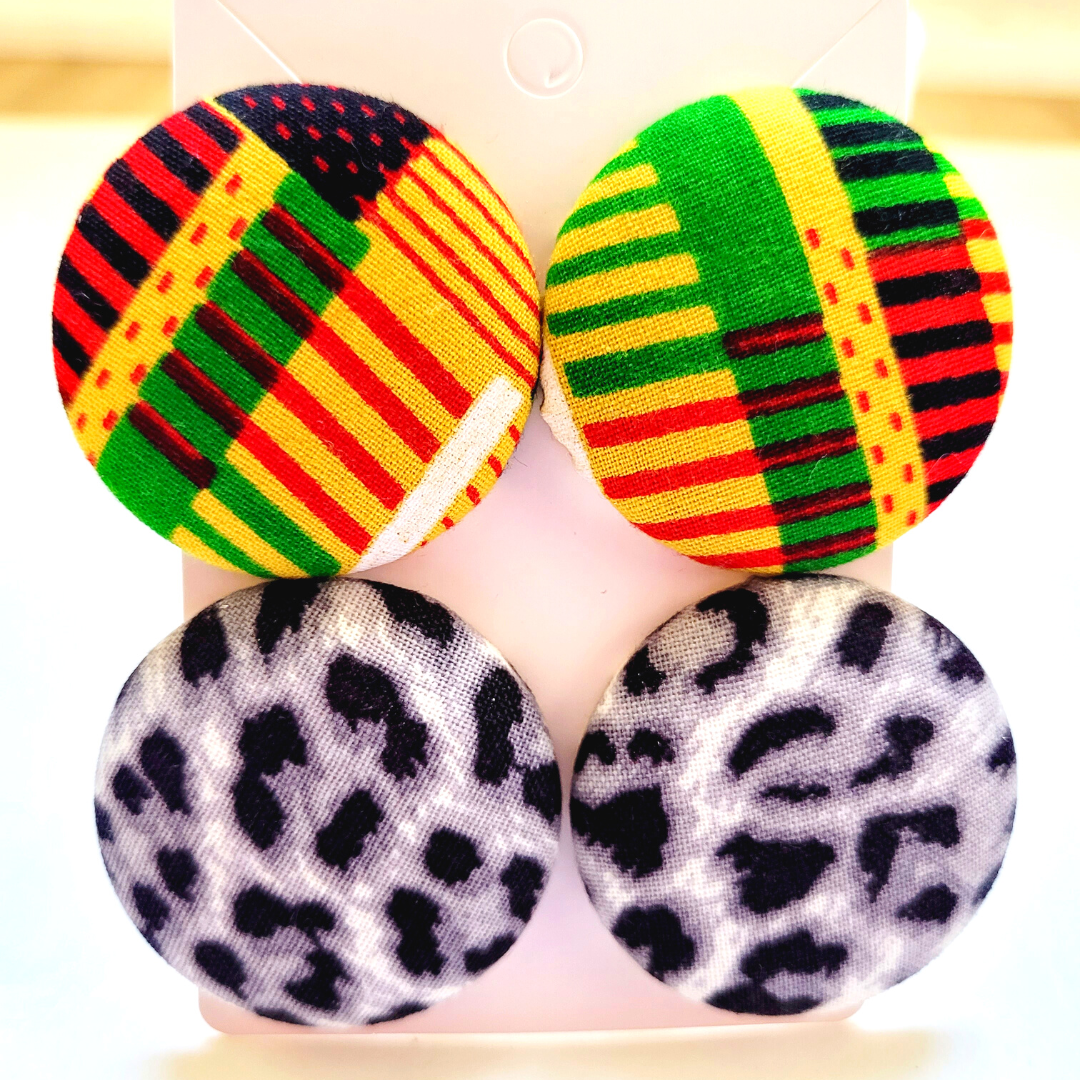 Button Earrings Wrapped in African, Ankara, Mudcloth, Kente, or Other Fabric Prints - 2 Pairs of Button Earrings