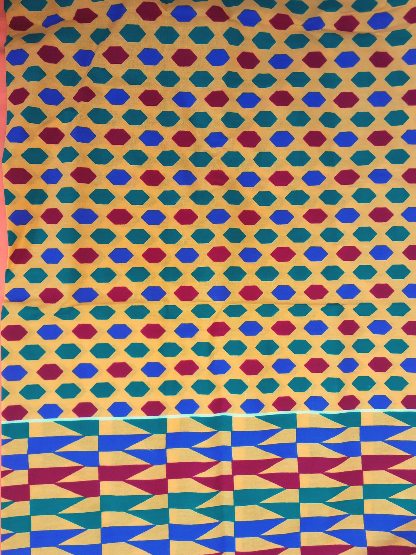 African Fabrics By the Yard - Kitenge - Hexagon and Arrows Pattern: Marigold, Red, Blue, and Green