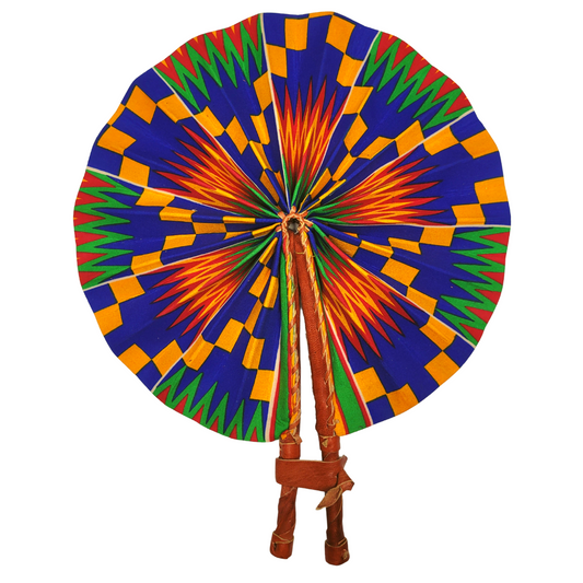 African Ankara Kitenge Kente Dutch Wax Hand Fans with Leather Handles - Blues