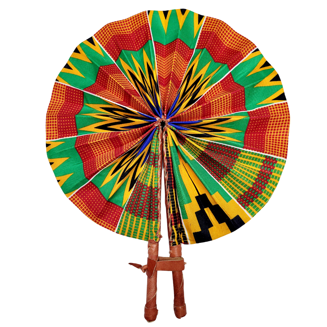 African Ankara Kitenge Kente Dutch Wax Hand Fans with Leather Handles - Green