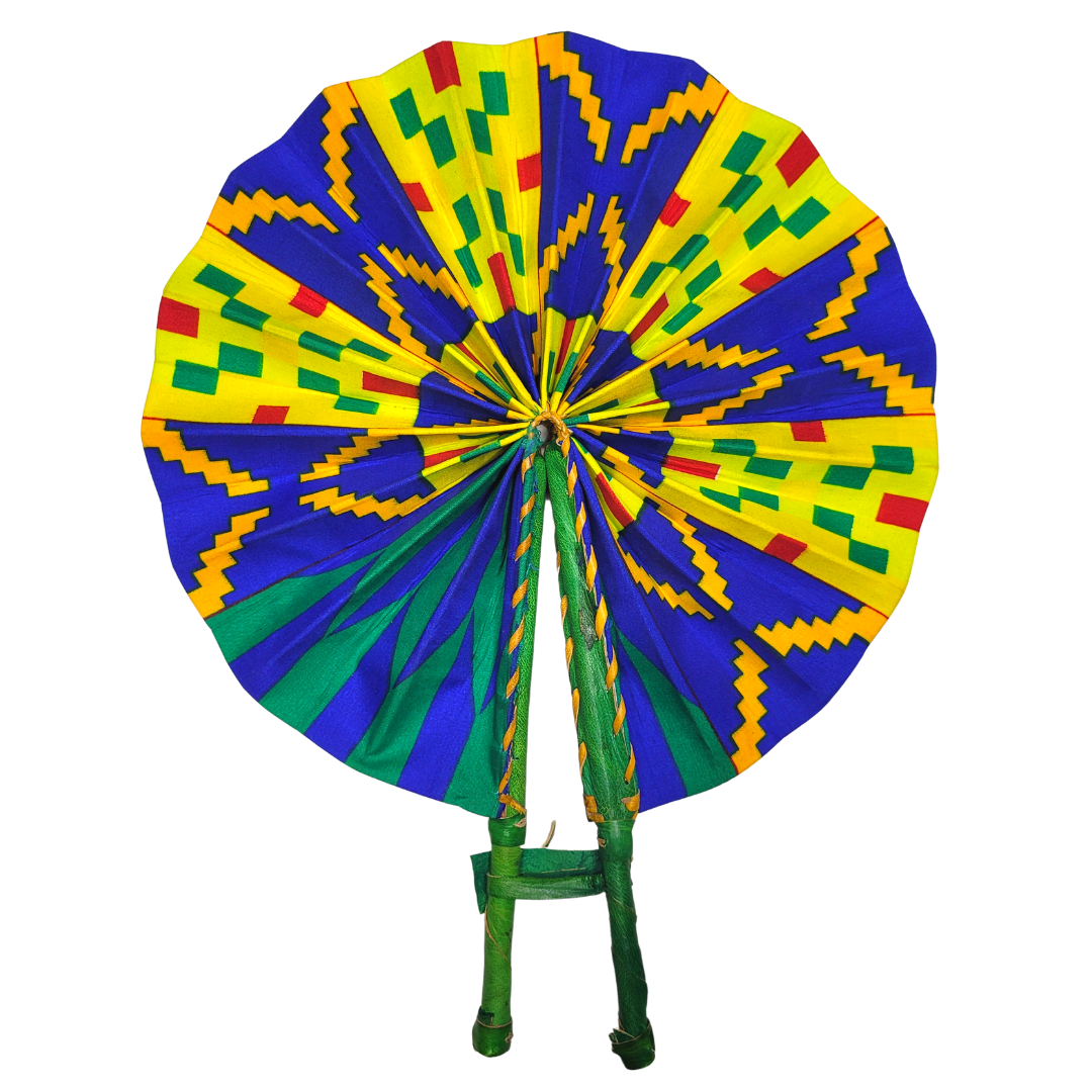 African Ankara Kitenge Kente Dutch Wax Hand Fans with Leather Handles - Blues