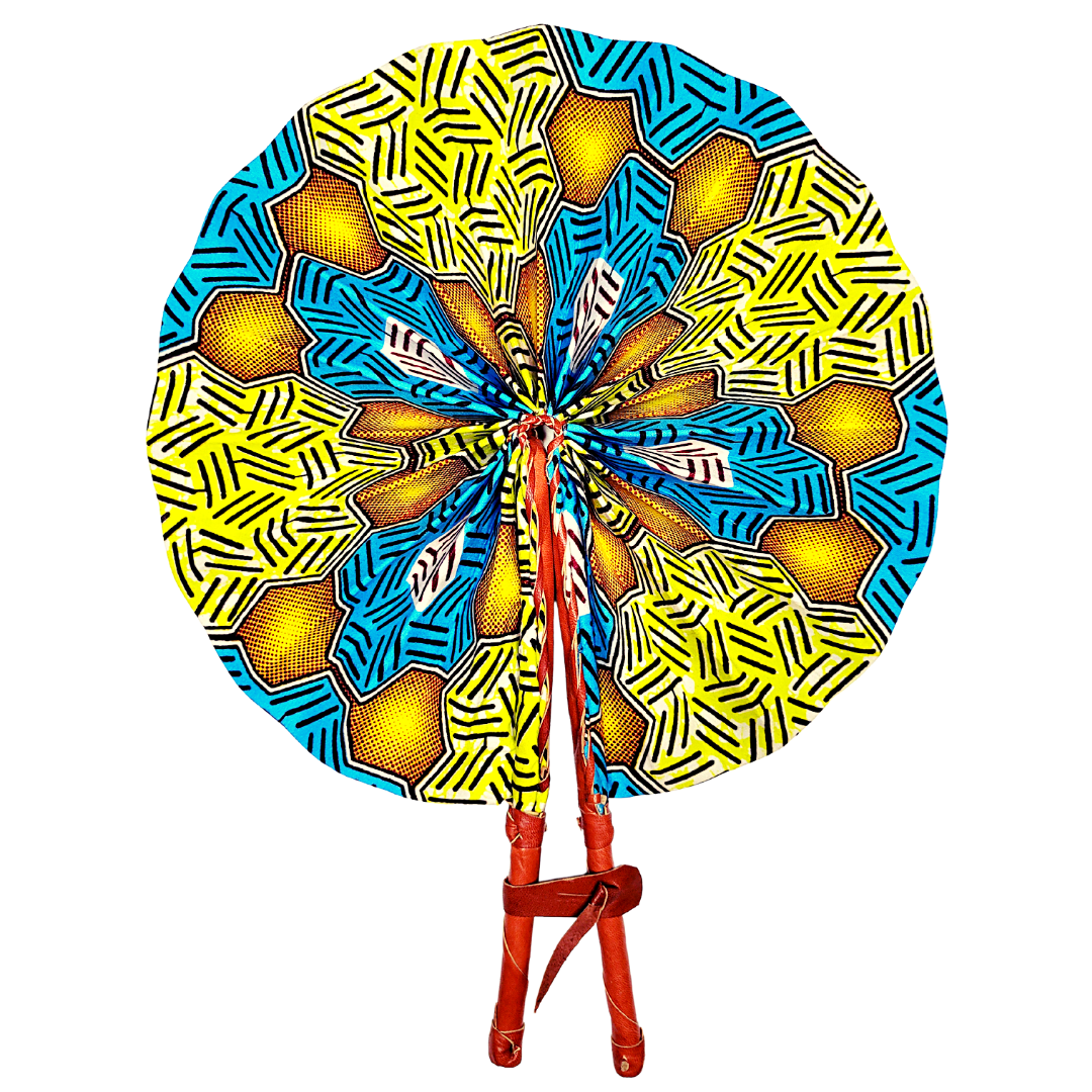 African Ankara Kitenge Kente Dutch Wax Hand Fans with Leather Handles - Yellow