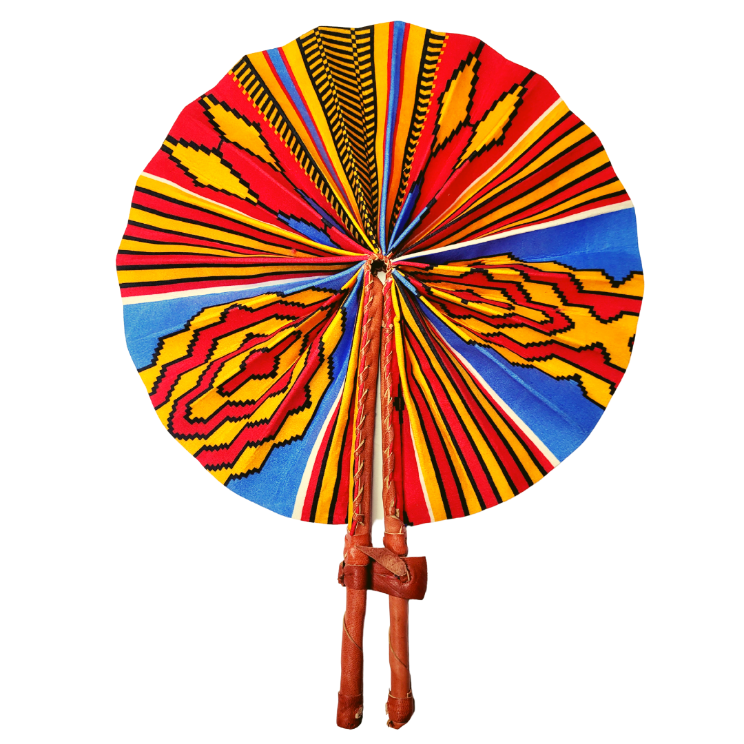 African Ankara Kitenge Kente Dutch Wax Hand Fans with Leather Handles - Reds