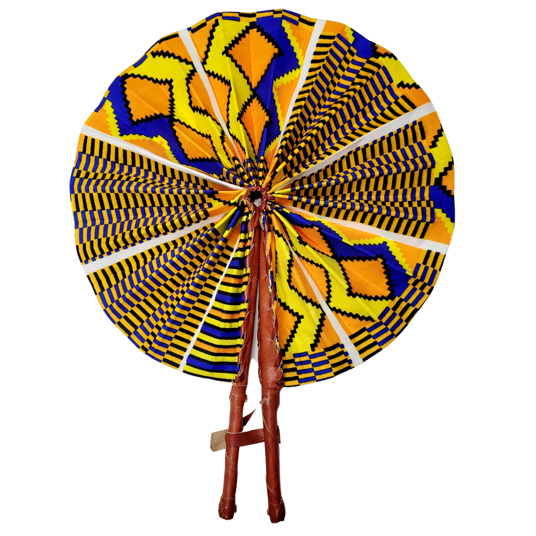 African Ankara Kitenge Kente Dutch Wax Hand Fans with Leather Handles - Orange