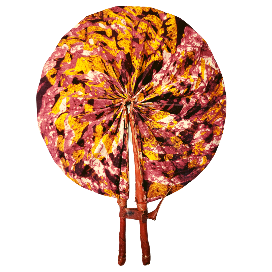 African Ankara Kitenge Kente Dutch Wax Hand Fans with Leather Handles - Tie Dye