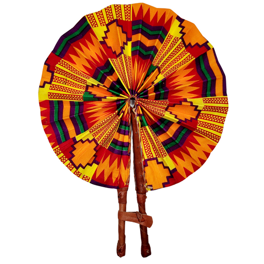 African Ankara Kitenge Kente Dutch Wax Hand Fans with Leather Handles - Orange