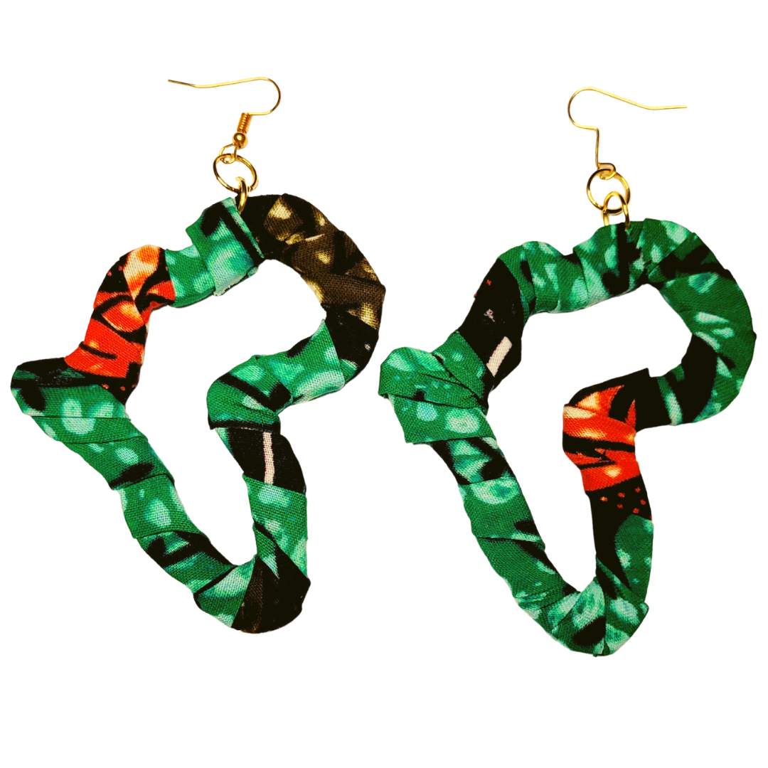 African Ankara/ Kitenge/ Kente/ Dutch Wax Fabric Wrapped Africa Map Earrings - Greens