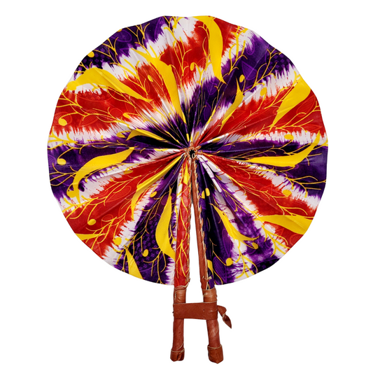 African Ankara Kitenge Kente Dutch Wax Hand Fans with Leather Handles - Reds