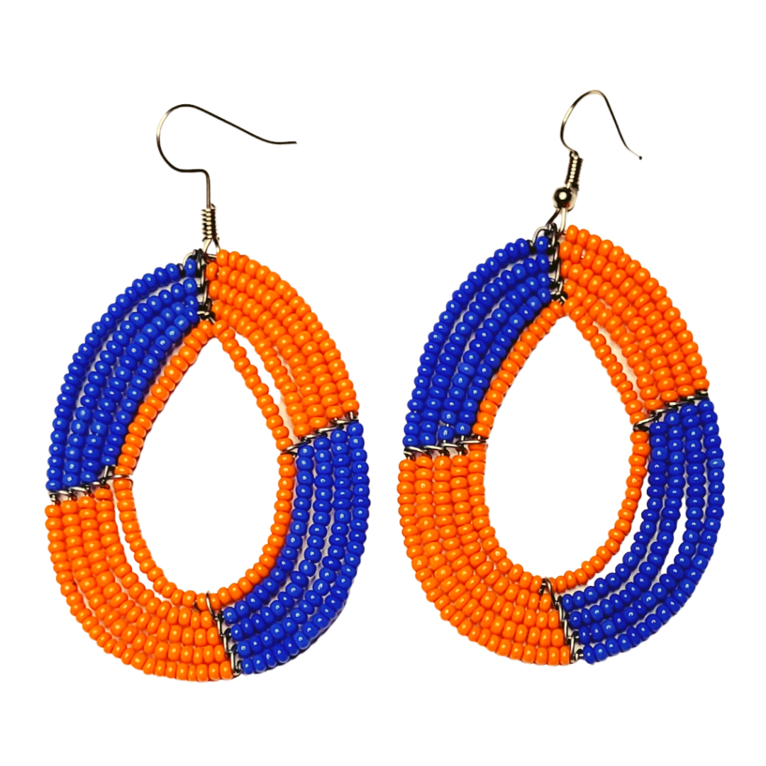 African Kenyan Maasai Beaded Tear Drops Earrings: Color Blocking in Yellow, Orange, Black, White, Blue, and Red