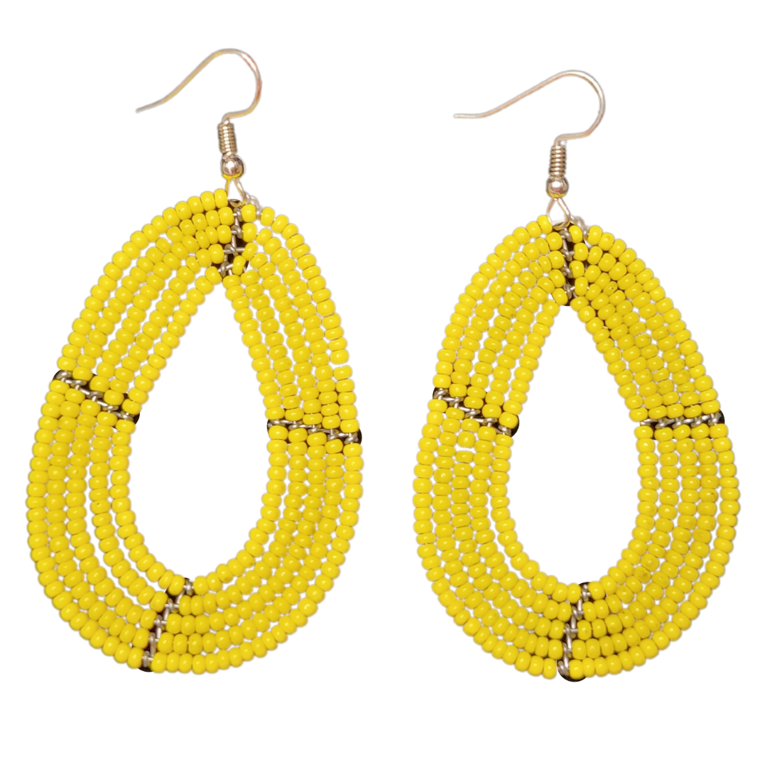 African Kenyan Maasai Beaded Tear Drops Earrings: Solid Colors in Yellow, Orange, Navy, White, and Green