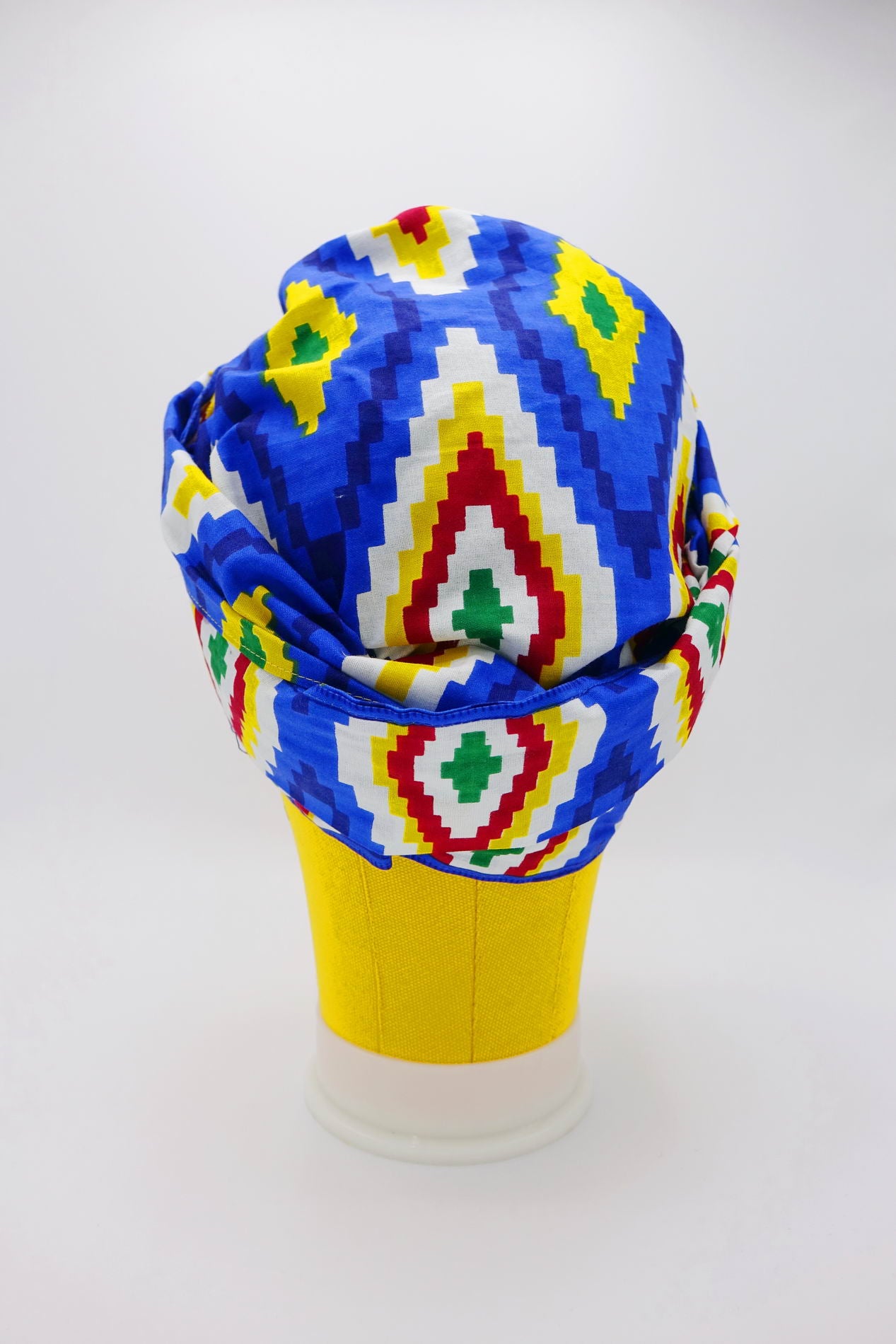 Satin Lined Bonnet Head Wrap - Kente - Geometric Shapes: Blue, Red, Yellow, White