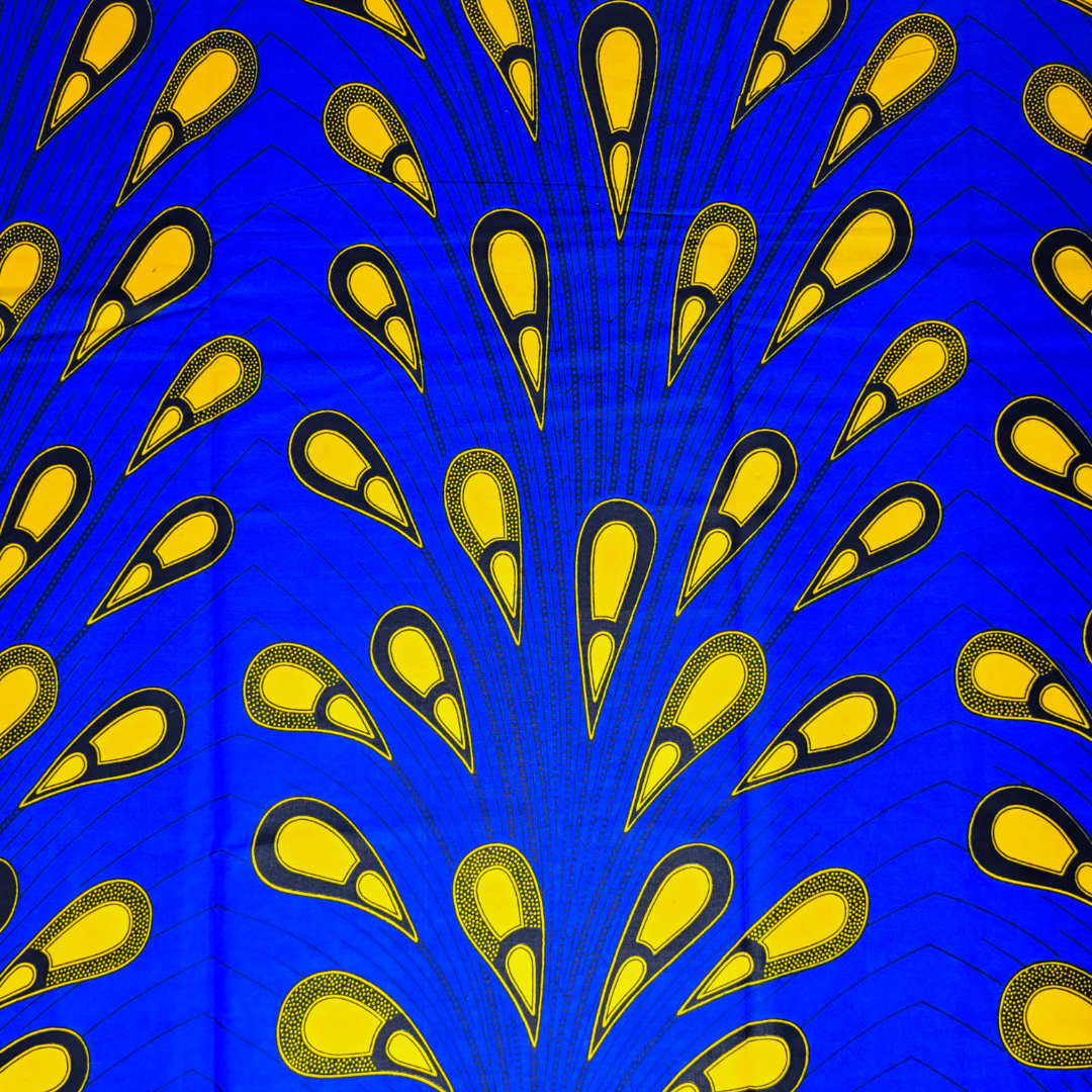 African Fabrics By the Yard- Ankara and Kitenge - Blue and Yellow Peacock Feathers