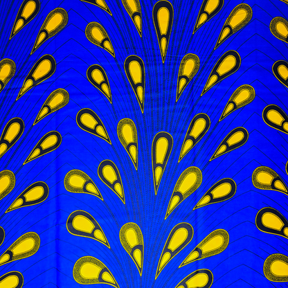 African Fabrics By the Yard- Ankara and Kitenge - Blue and Yellow Peacock Feathers