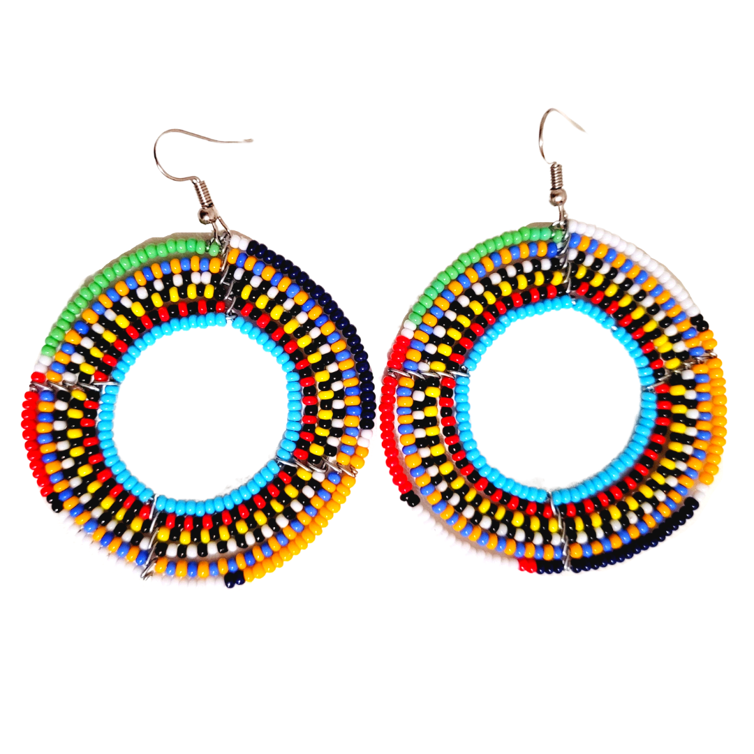 African Kenyan Maasai Beaded Circle Hoop Earrings: Multiple Colors and Patterns in Yellow, Orange, Black, Green, White, Light Blue, Navy and Red