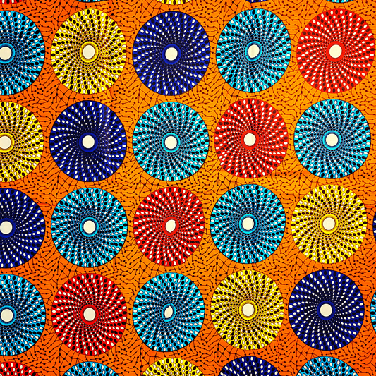 African Fabrics By the Yard - Ankara Kitenge - Large Circles - Yellow, Blue, Sky Blue, Red with an Orange Background