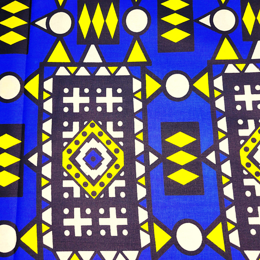 African Fabrics By the Yard - Mudcloth Print - Blue, Yellow, Black, and White