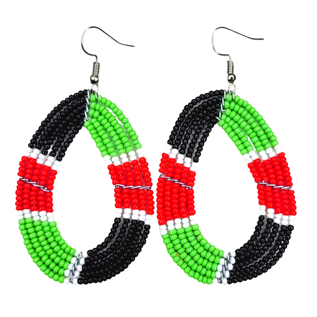 African Kenyan Maasai Beaded Tear Drops Earrings: Color Blocking in Red, Black, and Green