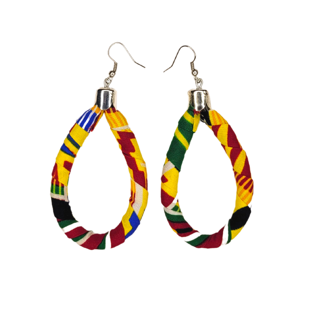 African Ankara Kitenge Fabric Wrapped Mini Tear Drop Earrings, Red, Blue and Hot Pink, Yellow Kente or Blue, Brown, and Green
