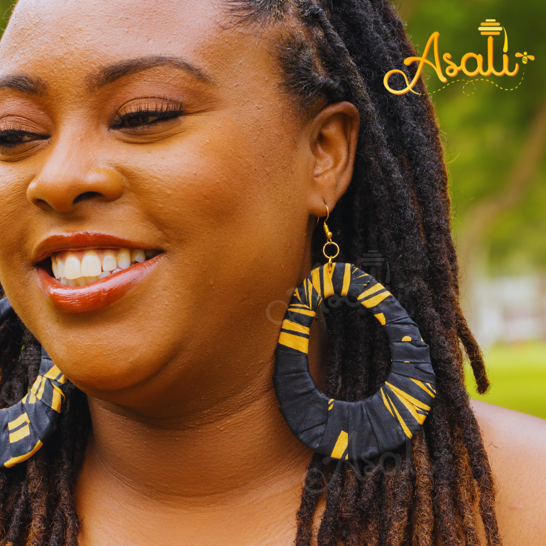 Jumbo, XL Extra Large African Wooden Ankara Kitenge Fabric Wrapped Teardrop Earrings - Red, Black, Tan,