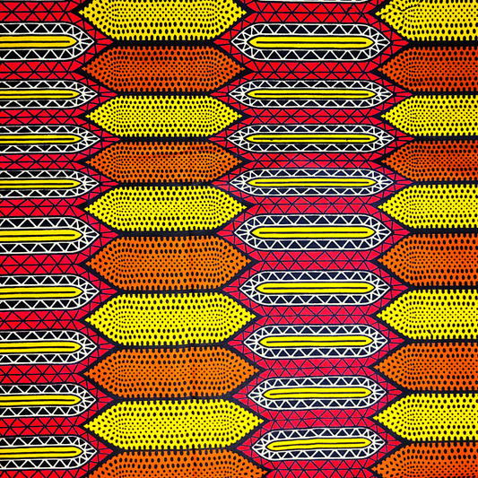 African Fabrics By the Yard - Ankara, Kitenge - Extra Large Patterns - Orange Varieties - Orange Red, Yellow, Yellow-Green, Black, and White (Orange, Yellow and Red)
