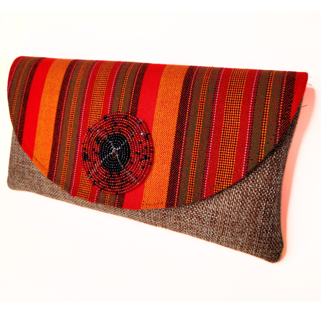Handmade African Purse Clutches with Kenyan Maasai Fabric Overlay and Beaded Charm Brown
