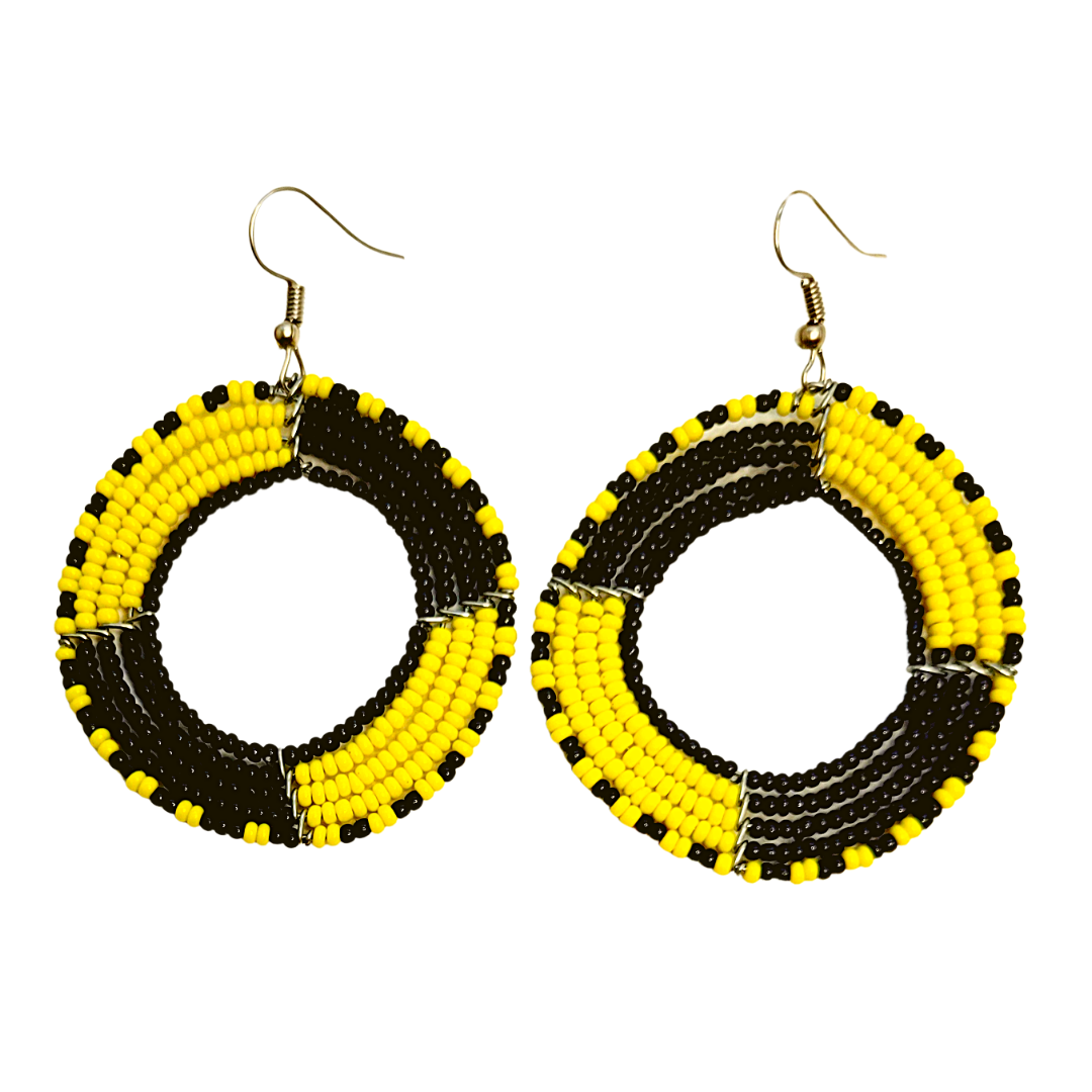 African Kenyan Maasai Beaded Circle Hoop Earrings: Multiple Colors and Patterns in Yellow, Orange, Black, Green, White, Marigold, Blue, Navy and Red