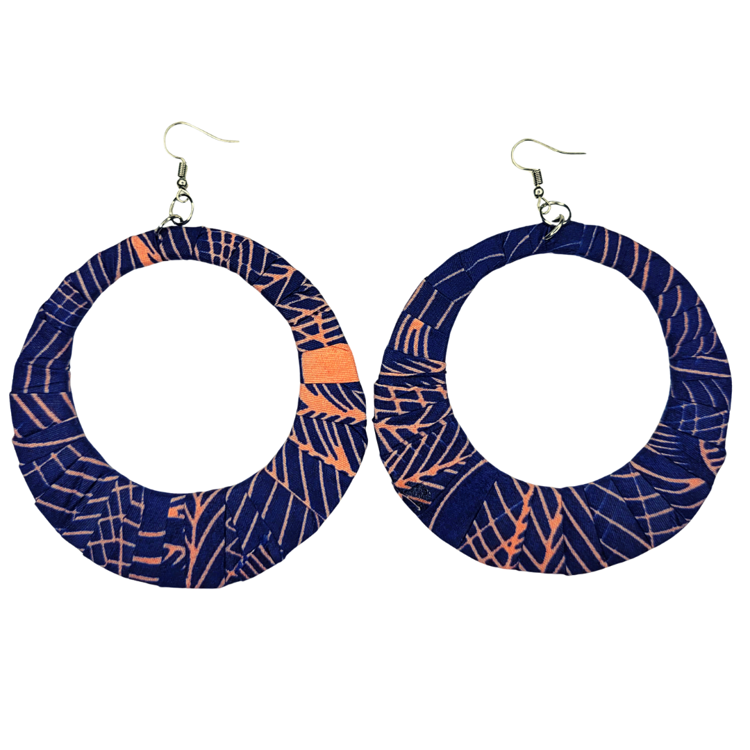 Jumbo, XL Extra Large African Wooden Ankara Kitenge Fabric Wrapped Circle Hoops Earrings - Blue, Navy, Orange, Yellow and Green