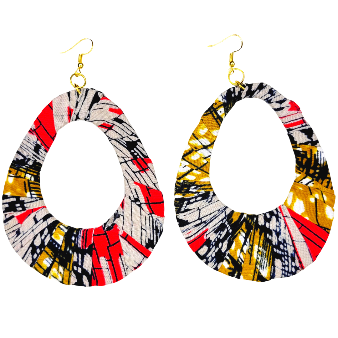 Jumbo, XL Extra Large African Wooden Ankara Kitenge Fabric Wrapped Teardrop Earrings - Red, Black, Tan,