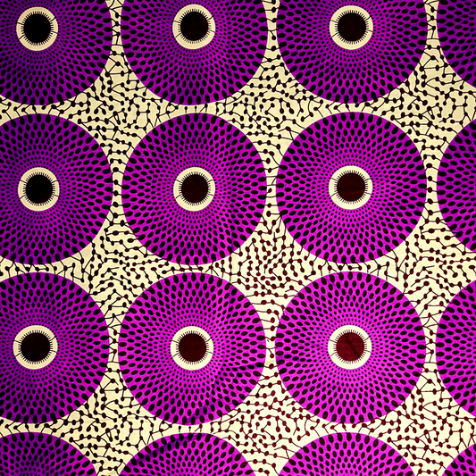 African Fabrics By the Yard - Ankara Kitenge: Circles: Purple, Brown, White