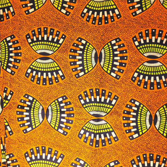 African Fabrics By the Yard - Ankara, Kitenge - Extra Large Patterns - Orange Varieties - Orange Red, Yellow, Yellow-Green, Black, and White